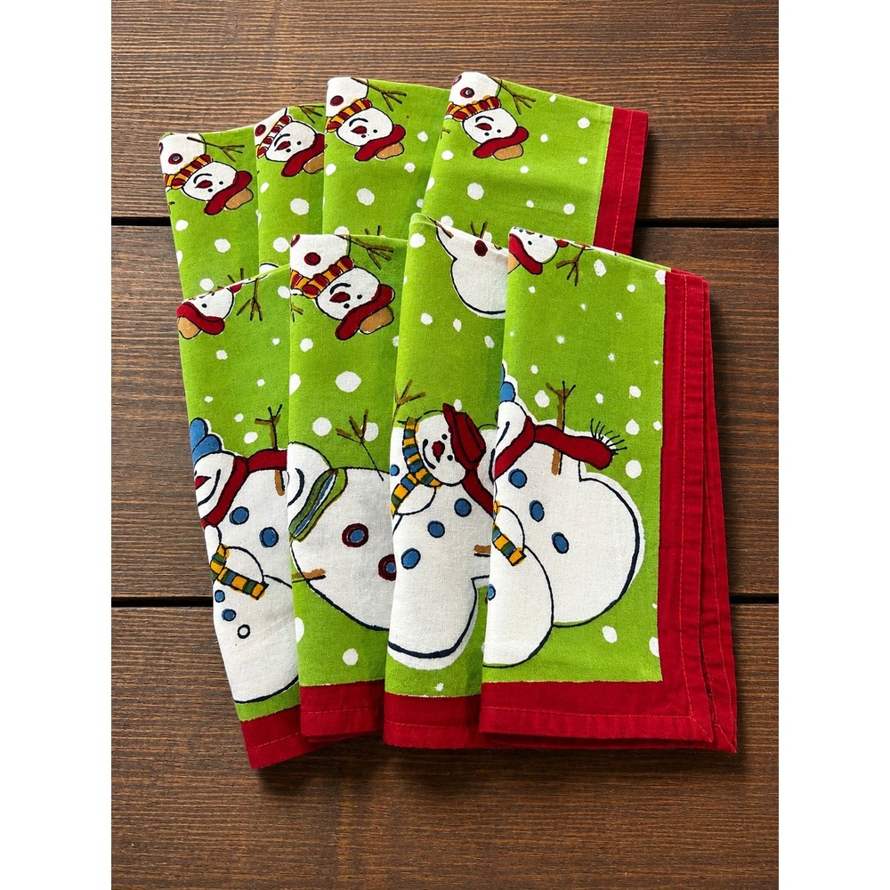 Plumbrook Napkins Green Snowman Hand Block Print Set of 8 Winter Christmas 19x19